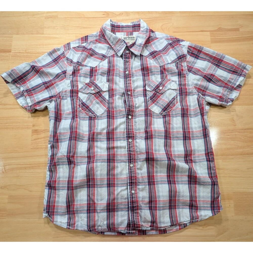 Urban Pipeline Shirt Mens XL Pearl Snap Short Sleeve Plaid Red White Blue Cotton